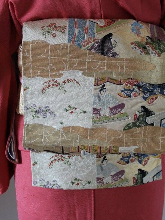 Vintage Silk Kimono Obi Belt \'Fukuro-Obi\' with gold silver threads, wave pattern main image 7